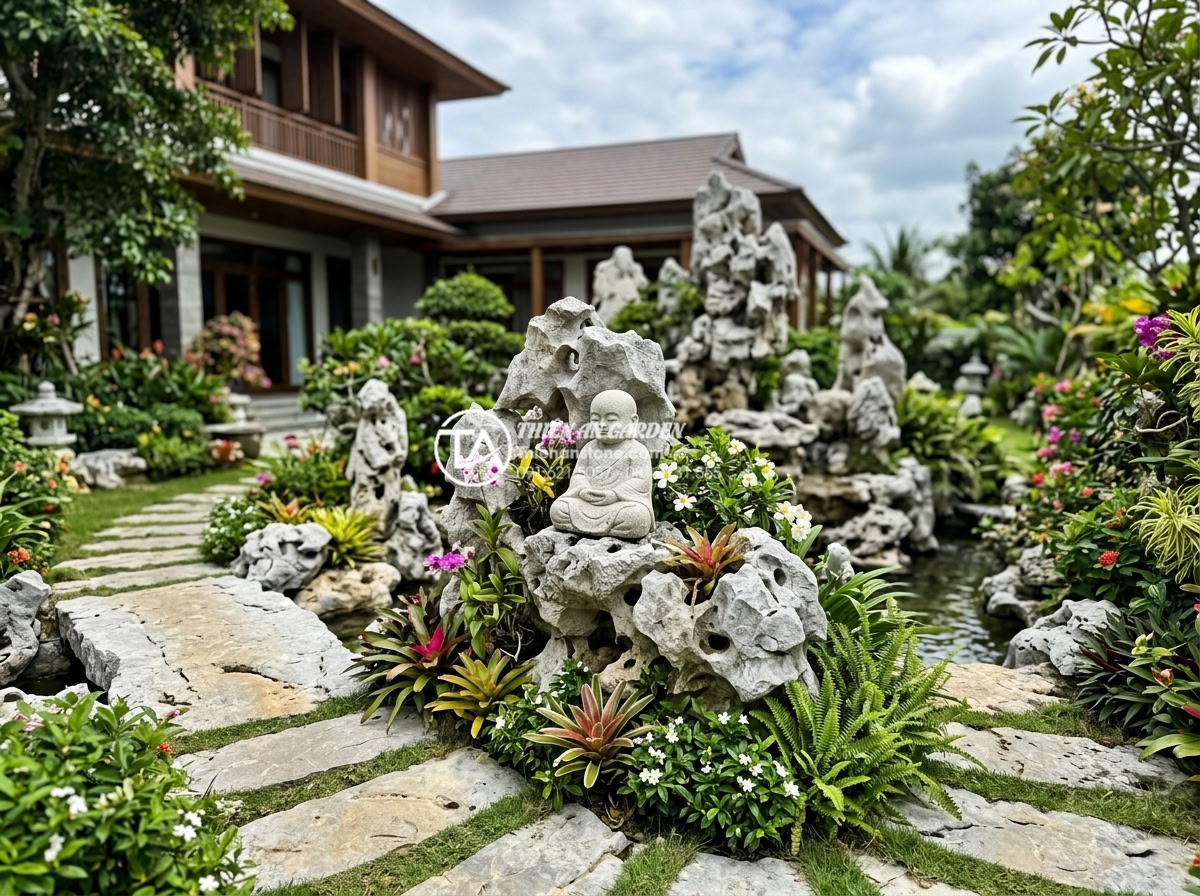 Nên chọn tiểu cảnh chú tiểu bằng đá hay bằng gốm sứ? So sánh chi tiết - Finished natural stone little monk sculpture installed in a luxury villa garden,