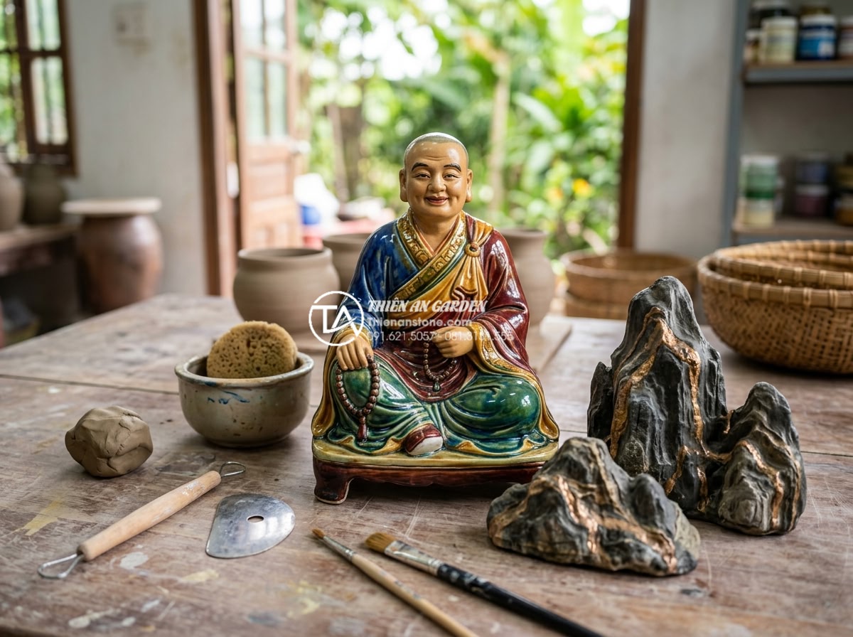 Nên chọn tiểu cảnh chú tiểu bằng đá hay bằng gốm sứ? So sánh chi tiết - Vibrant ceramic monk statue with glossy glaze in multiple colors, displayed on a