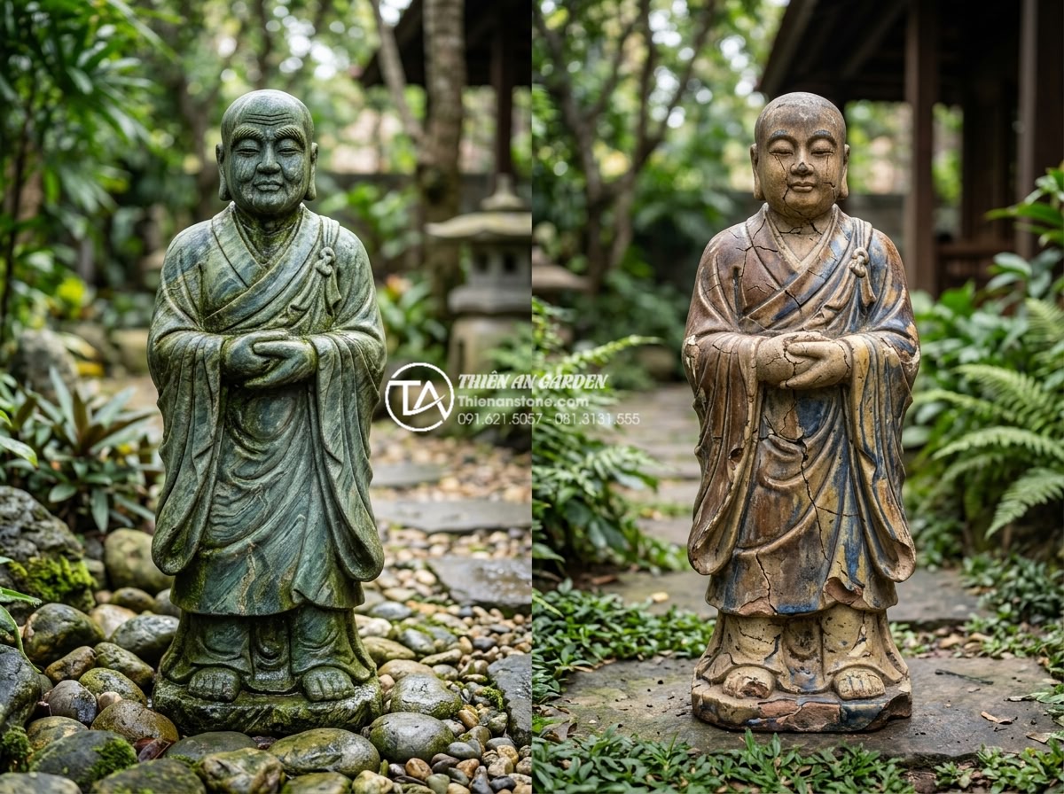 Nên chọn tiểu cảnh chú tiểu bằng đá hay bằng gốm sứ? So sánh chi tiết - Side-by-side comparison of weathered stone monk statue still intact after years 