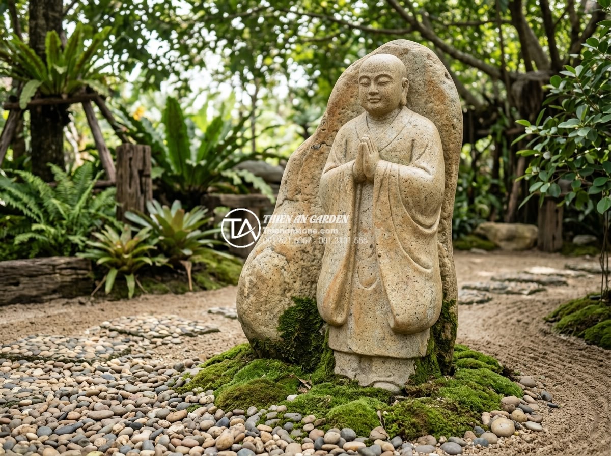 Nên chọn tiểu cảnh chú tiểu bằng đá hay bằng gốm sứ? So sánh chi tiết - Artistic natural stone monk sculpture with unique marble veining placed elegantl