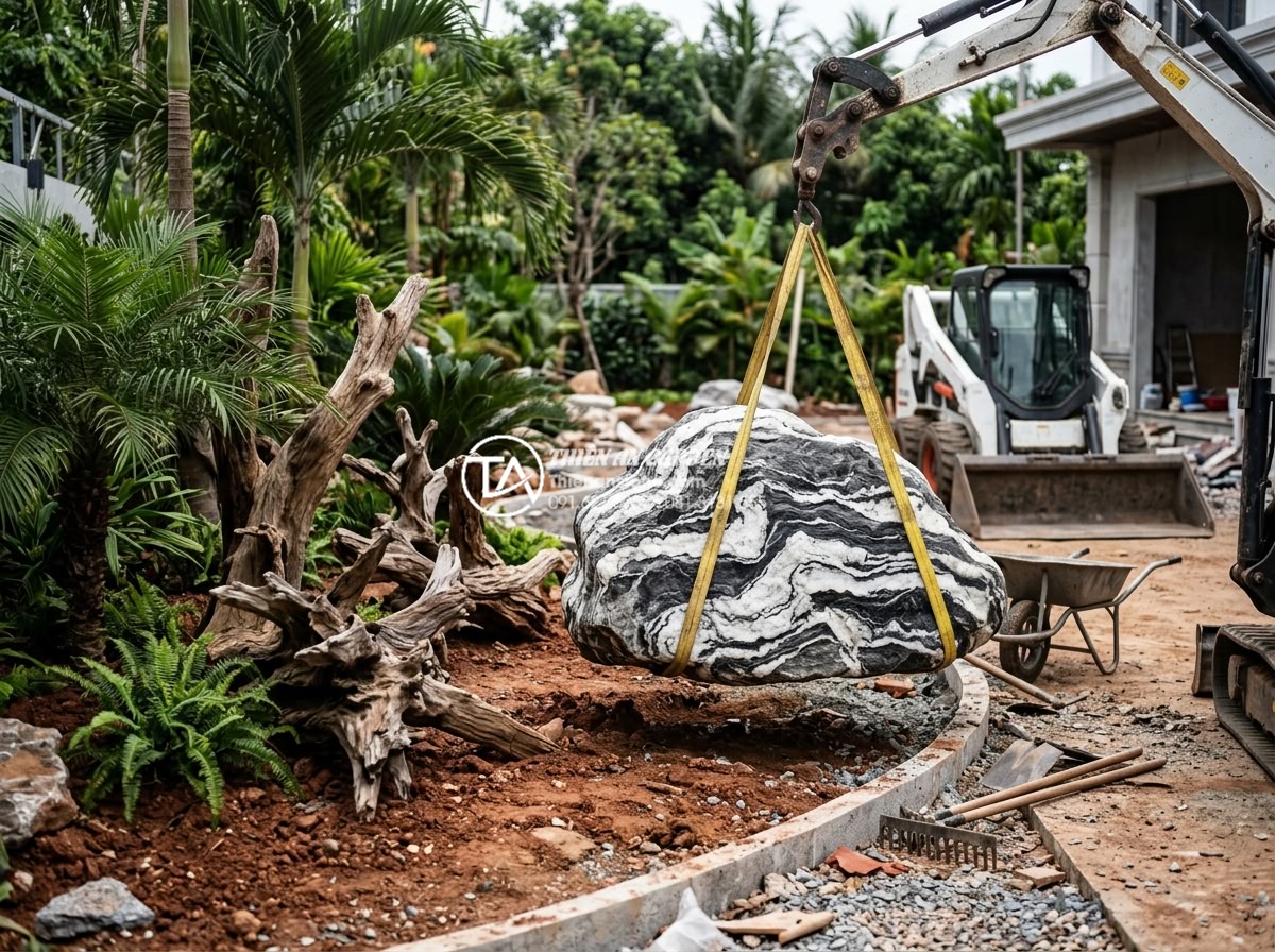 Nghệ thuật kết hợp đá tự nhiên và gỗ lũa trong trang trí sân vườn - Hình 10 Nghệ thuật kết hợp đá tự nhiên và gỗ lũa trong trang trí sân vườn - Realistic construction site photography showing professional installation of nat