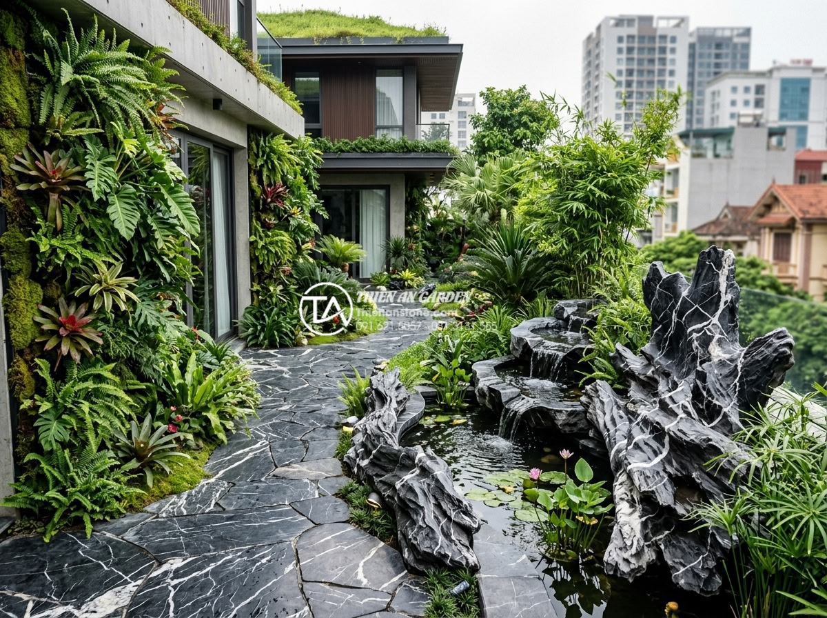 Nghệ thuật kết hợp đá tự nhiên và gỗ lũa trong trang trí sân vườn - Hình 12 Nghệ thuật kết hợp đá tự nhiên và gỗ lũa trong trang trí sân vườn - Futuristic yet realistic concept image of a 2027 sustainable garden design with