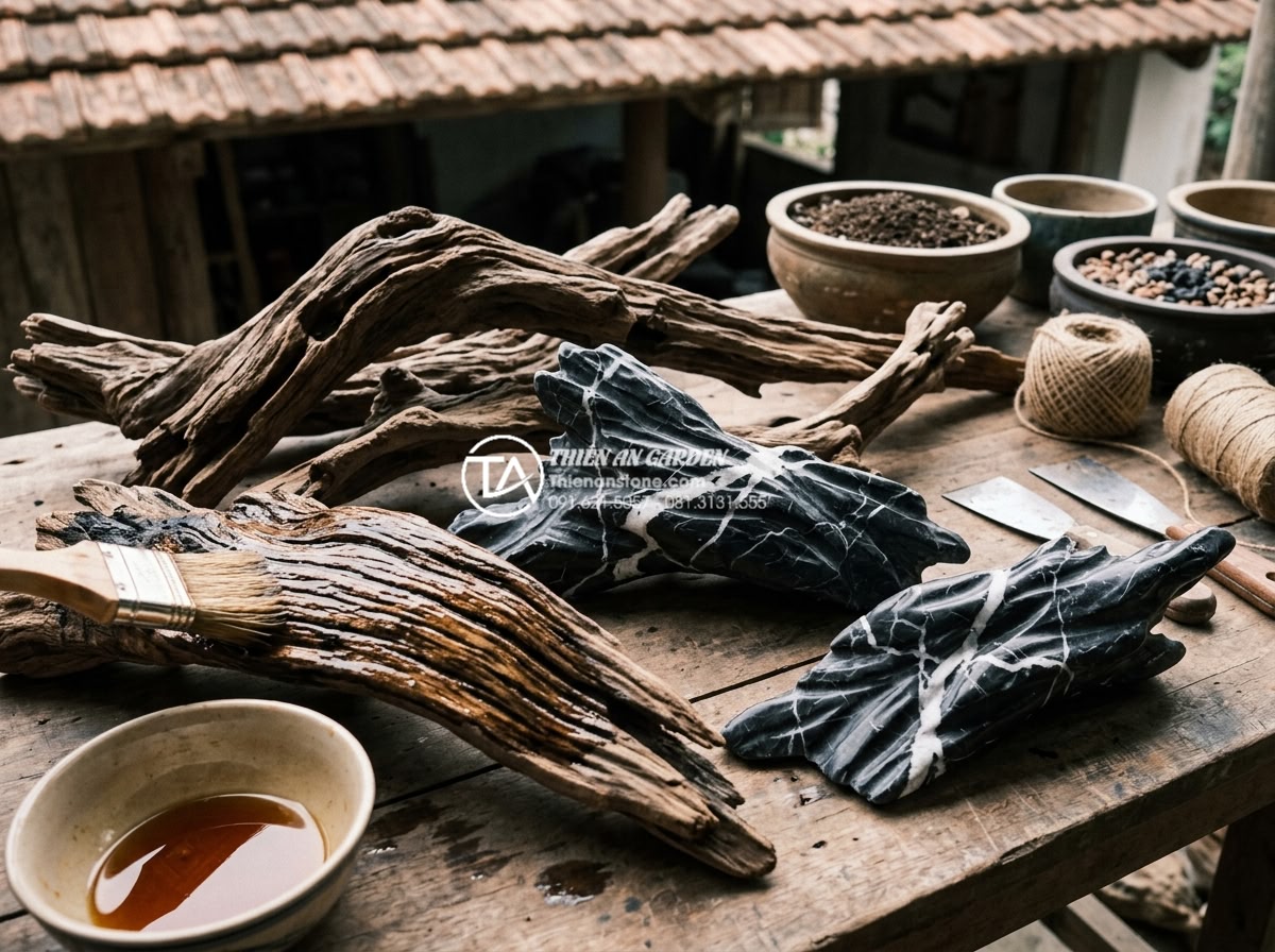 Nghệ thuật kết hợp đá tự nhiên và gỗ lũa trong trang trí sân vườn - Hình 5 Nghệ thuật kết hợp đá tự nhiên và gỗ lũa trong trang trí sân vườn - Artistic close-up of high-quality weathered driftwood pieces with beautiful natu
