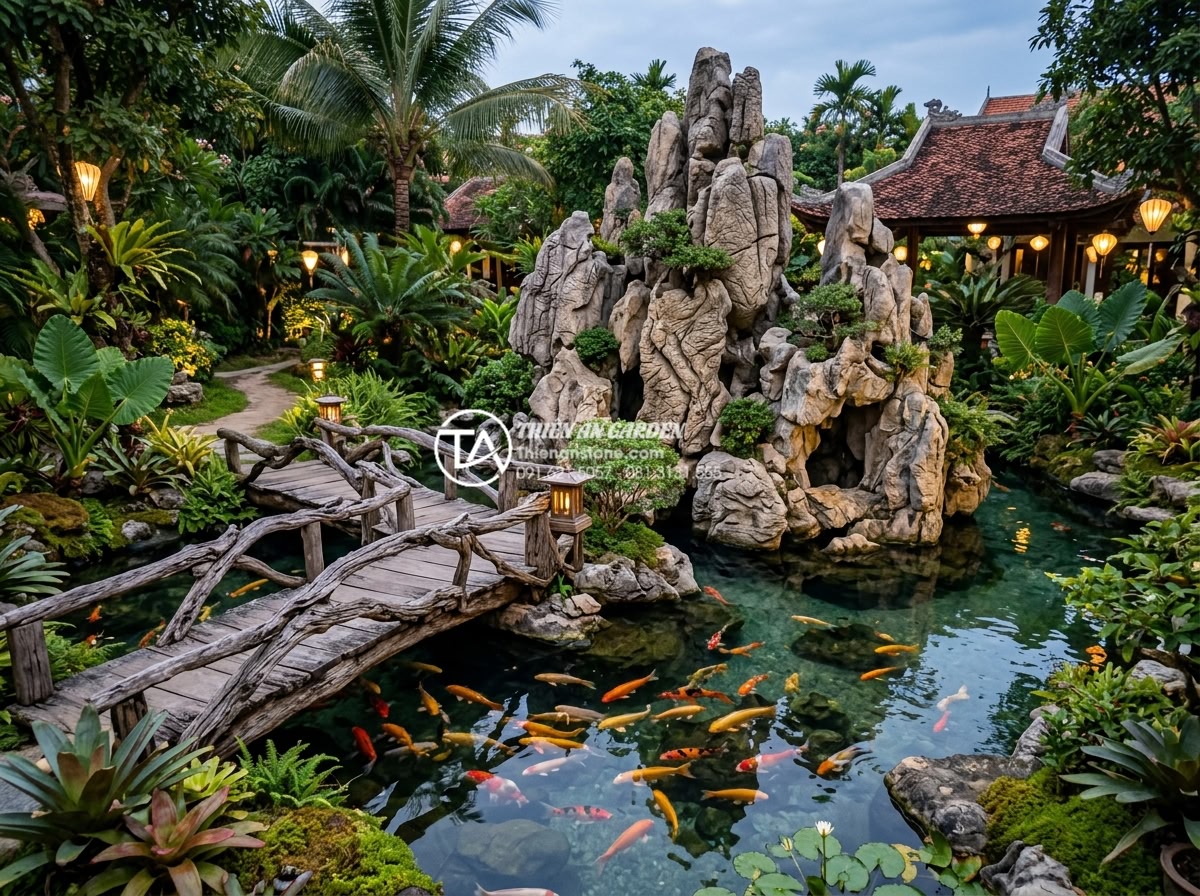 Nghệ thuật kết hợp đá tự nhiên và gỗ lũa trong trang trí sân vườn - Hình 7 Nghệ thuật kết hợp đá tự nhiên và gỗ lũa trong trang trí sân vườn - Beautiful high-resolution photograph of a luxury resort garden in Vietnam with a
