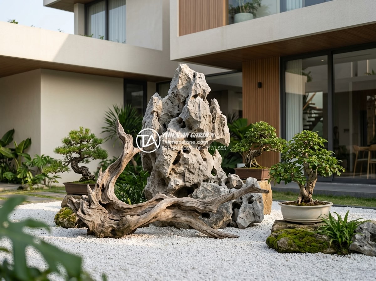 Nghệ thuật kết hợp đá tự nhiên và gỗ lũa trong trang trí sân vườn - Hình 8 Nghệ thuật kết hợp đá tự nhiên và gỗ lũa trong trang trí sân vườn - Realistic image of a modern minimalist villa garden featuring a single large gra