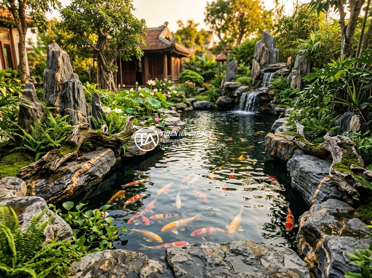 Nghệ thuật kết hợp đá tự nhiên và gỗ lũa trong trang trí sân vườn - Hình 9 Nghệ thuật kết hợp đá tự nhiên và gỗ lũa trong trang trí sân vườn - Professional photograph of an elegant koi pond design in a Vietnamese garden, na