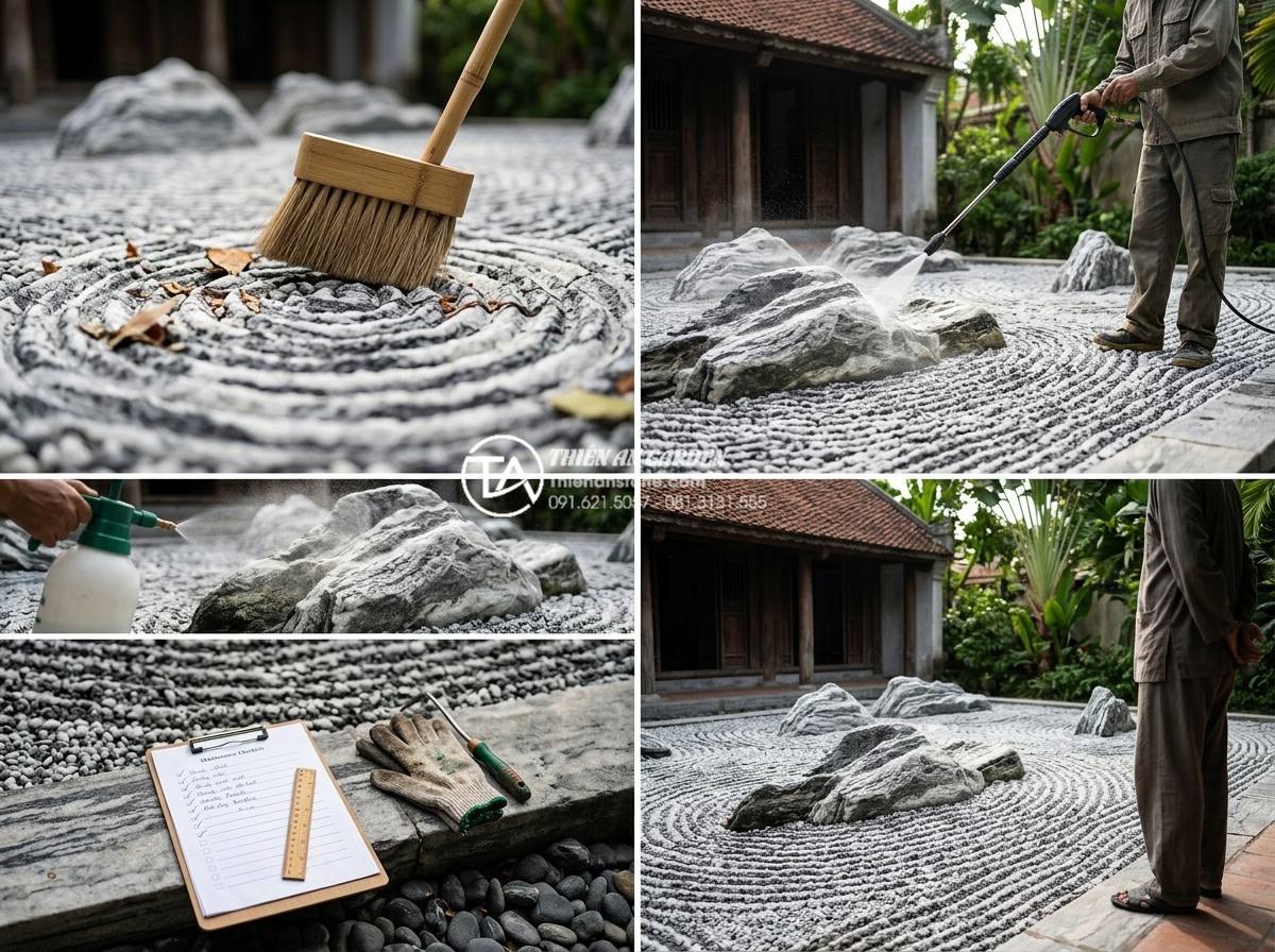 Nghệ thuật sắp đặt sỏi và đá cuội xung quanh tiểu cảnh chú tiểu thiền - Maintenance demonstration of a long-term Zen pebble garden: gentle cleaning with