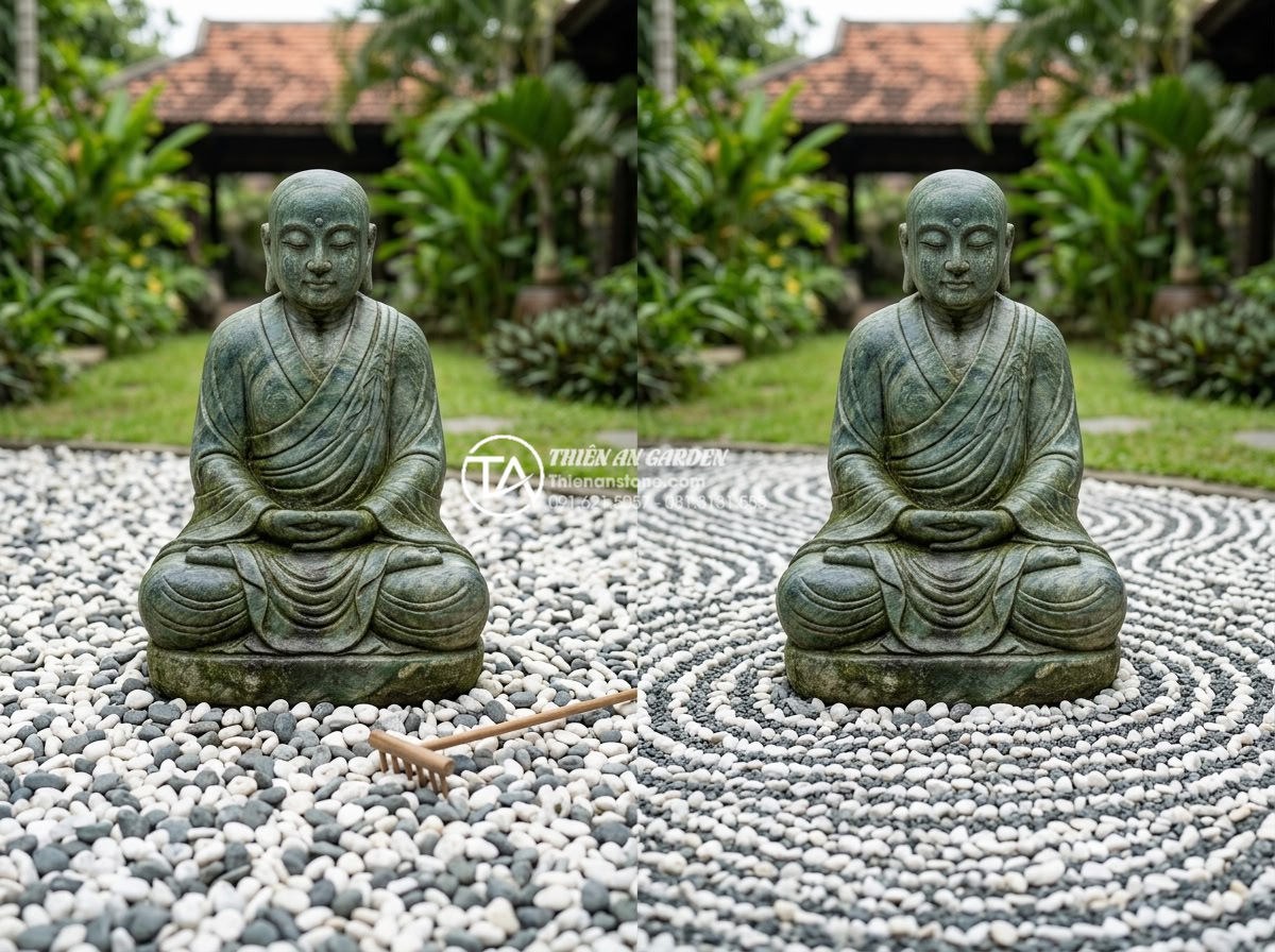 Nghệ thuật sắp đặt sỏi và đá cuội xung quanh tiểu cảnh chú tiểu thiền - Professional demonstration of Zen pebble raking technique around a stone monk st