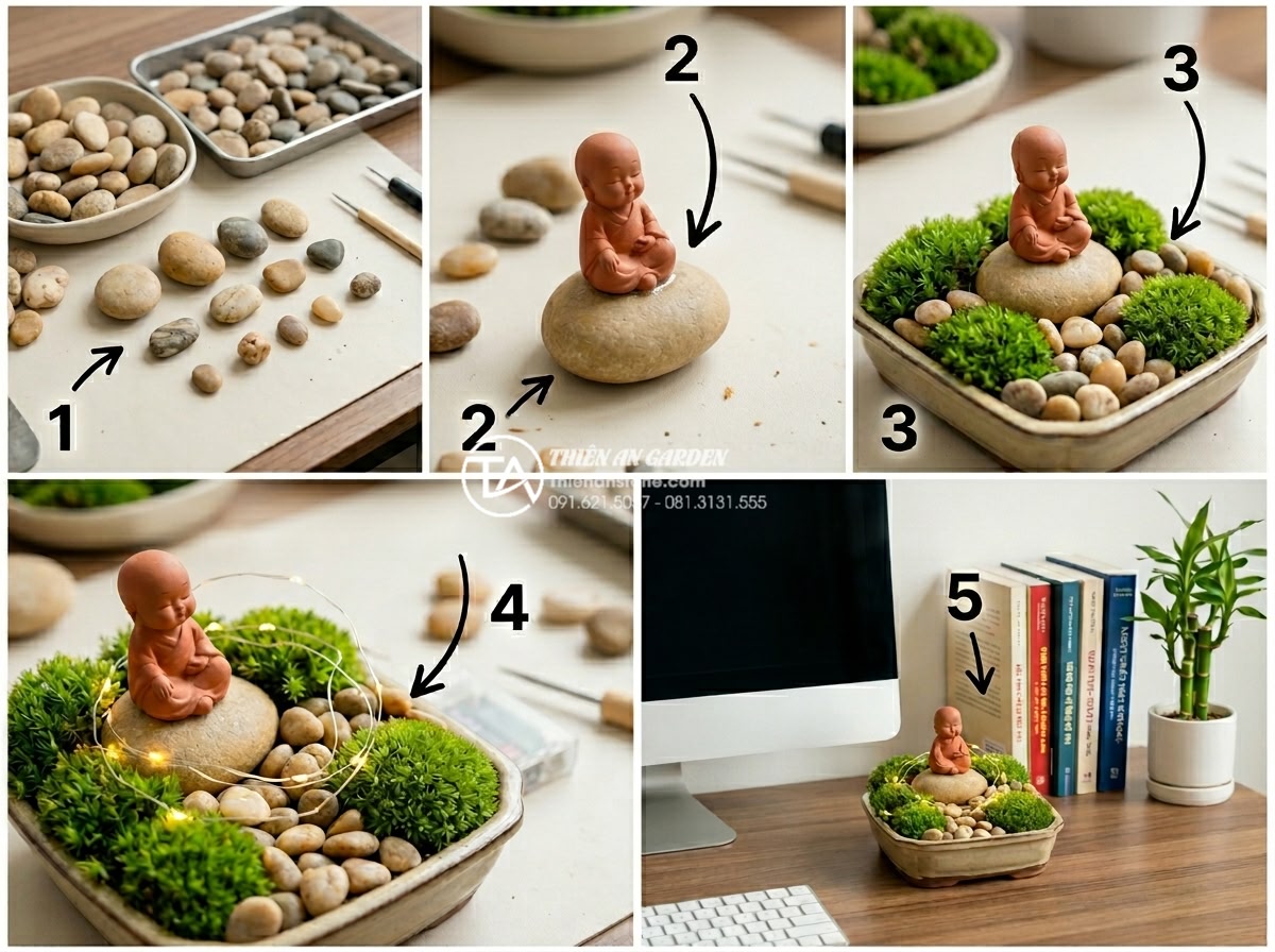 Nghệ thuật thiết kế tiểu cảnh chú tiểu mini cho bàn làm việc và không gian nhỏ - Step-by-step instructional collage showing the process of building a miniature s