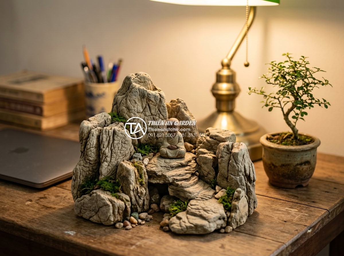 Nghệ thuật thiết kế tiểu cảnh chú tiểu mini cho bàn làm việc và không gian nhỏ - Finished DIY miniature monk stone scene on a home office desk showing natural im