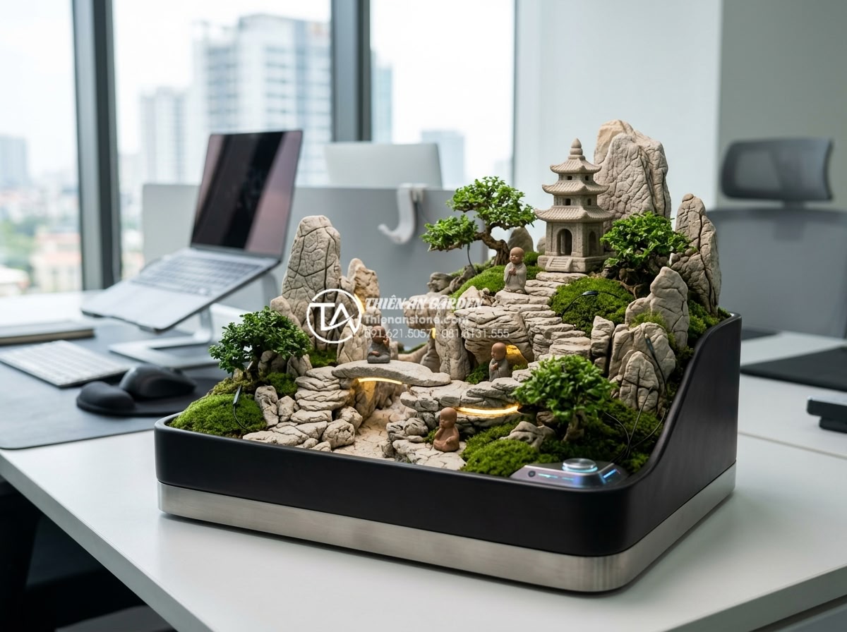Nghệ thuật thiết kế tiểu cảnh chú tiểu mini cho bàn làm việc và không gian nhỏ - Futuristic yet traditional concept render of an advanced smart miniature monk ga