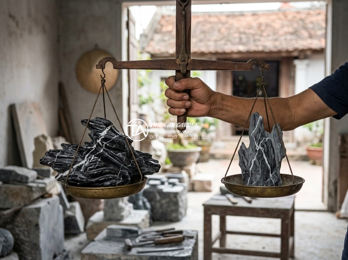 Phân biệt đá tự nhiên nguyên khối và đá bột khi mua tượng chú tiểu - Hình 12 Phân biệt đá tự nhiên nguyên khối và đá bột khi mua tượng chú tiểu - Hand holding weight scale comparing natural solid stone statue versus lighter st