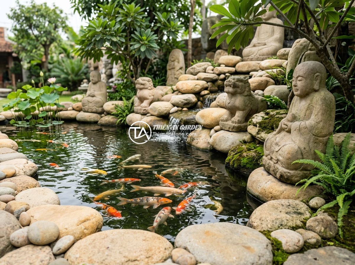Phân biệt đá tự nhiên nguyên khối và đá bột khi mua tượng chú tiểu - Hình 20 Phân biệt đá tự nhiên nguyên khối và đá bột khi mua tượng chú tiểu - Realistic photo of natural monolithic stone statues enhancing a luxury koi pond