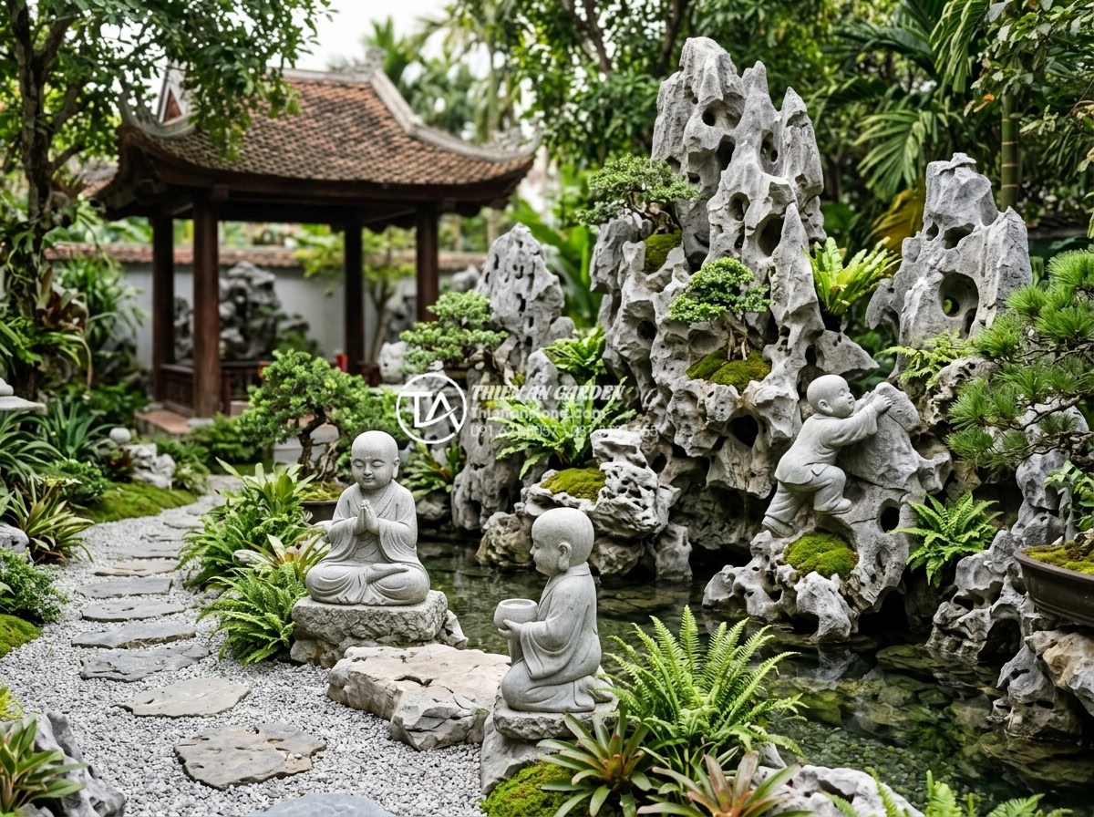 Phân biệt đá tự nhiên nguyên khối và đá bột khi mua tượng chú tiểu - Hình 22 Phân biệt đá tự nhiên nguyên khối và đá bột khi mua tượng chú tiểu - Completed luxury garden project by Đá Cảnh Thiên An featuring prominent natural