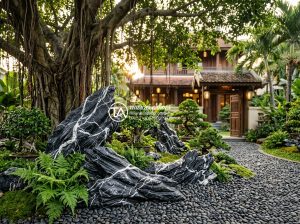 Phong thủy tiểu cảnh dưới gốc cây trước nhà: Những lưu ý đại kỵ - Photorealistic front yard of a luxury Vietnamese villa at golden hour, featuring
