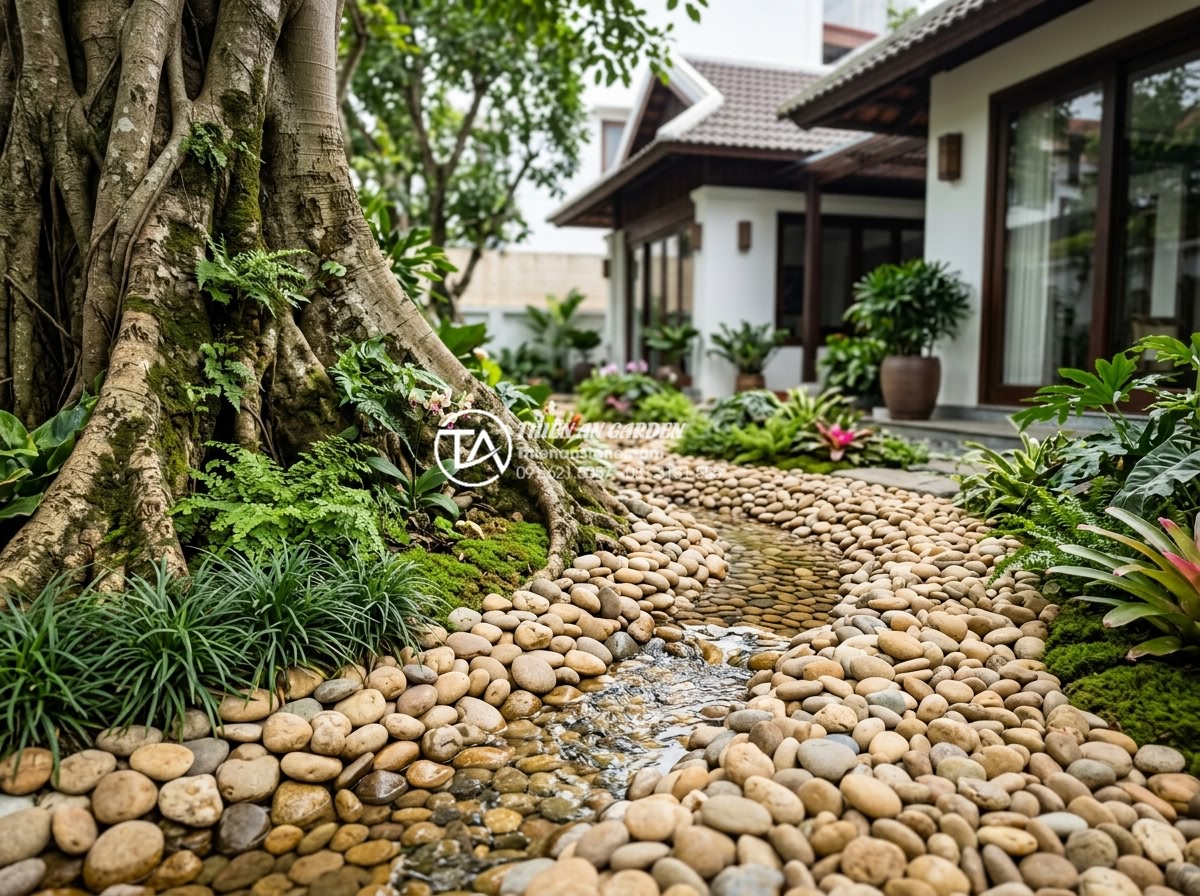 Phong thủy tiểu cảnh dưới gốc cây trước nhà: Những lưu ý đại kỵ - Detailed realistic rendering of a professional feng shui small landscape design 