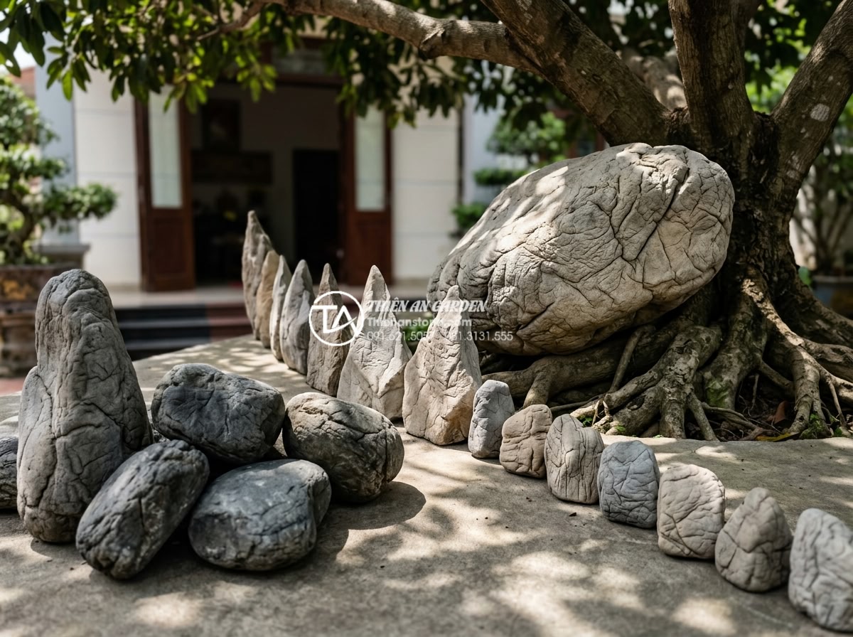 Phong thủy tiểu cảnh dưới gốc cây trước nhà: Những lưu ý đại kỵ - Close-up realistic photo of forbidden feng shui mistakes in small landscape unde
