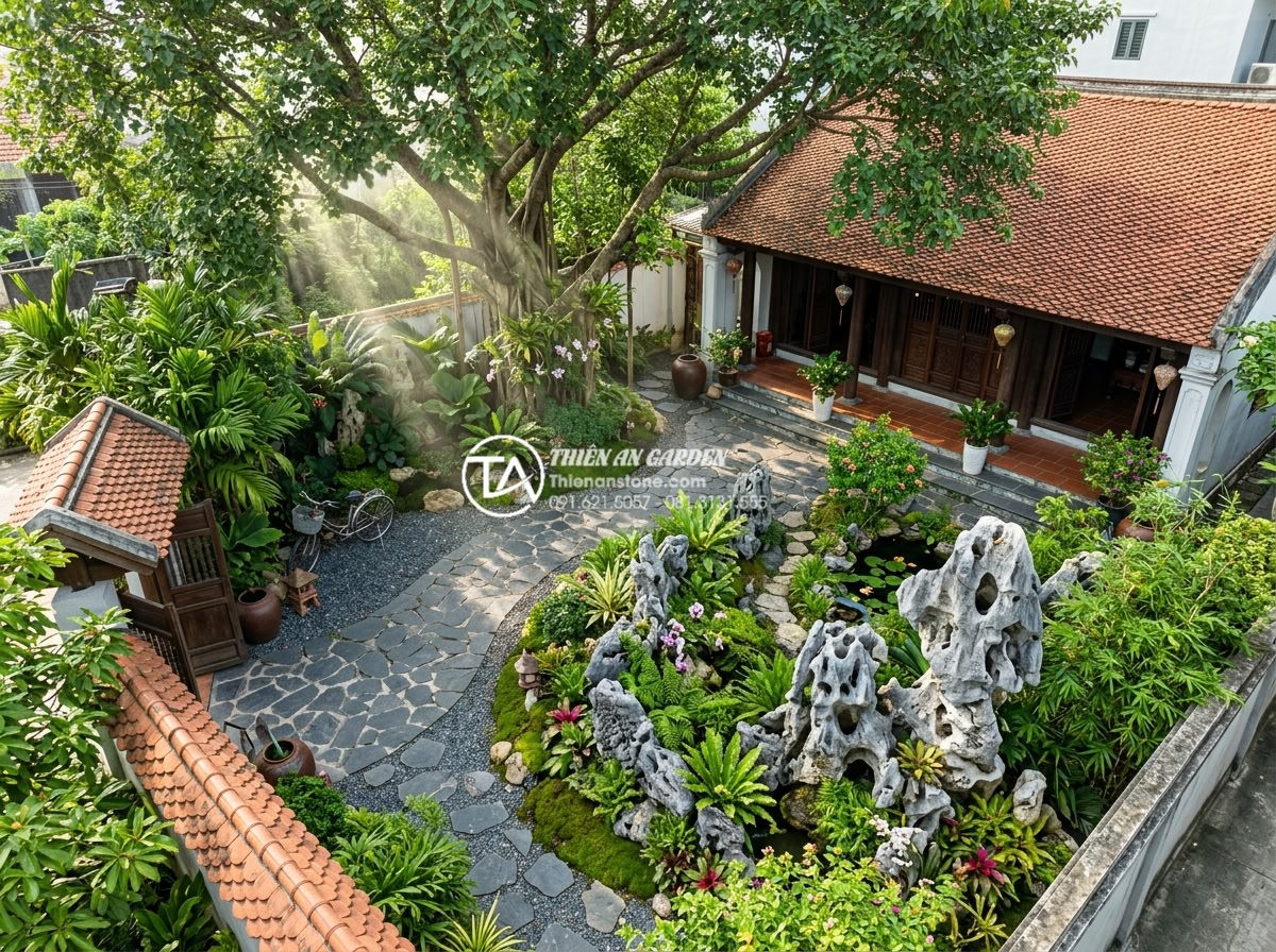 Phong thủy tiểu cảnh dưới gốc cây trước nhà: Những lưu ý đại kỵ - Aerial view realistic image of Vietnamese house front yard showing optimal feng 
