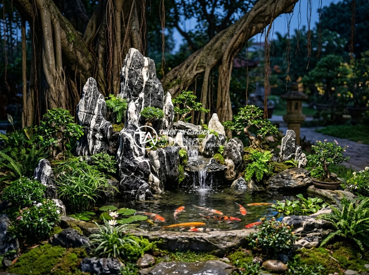 Phong thủy tiểu cảnh dưới gốc cây trước nhà: Những lưu ý đại kỵ - Stunning realistic image of integrated feng shui small landscape under ancient t