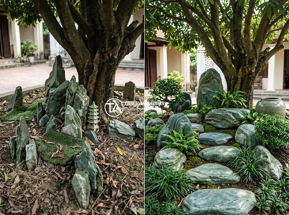 Phong thủy tiểu cảnh dưới gốc cây trước nhà: Những lưu ý đại kỵ - Before and after realistic comparison of feng shui small landscape under tree: l