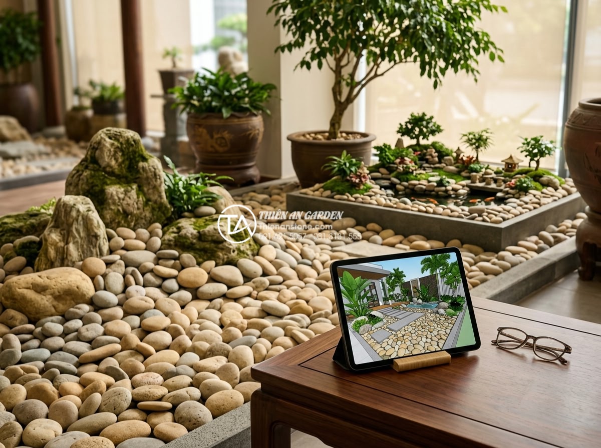 Phong thủy tiểu cảnh dưới gốc cây trước nhà: Những lưu ý đại kỵ - Professional contact and consultation scene at Da Canh Thien An showroom: elegan