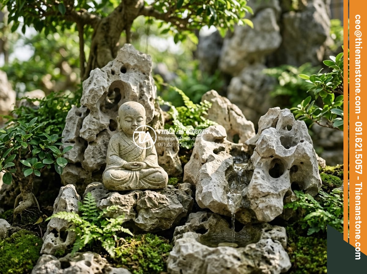 Review 5 bộ tiểu cảnh chú tiểu bán chạy nhất trên thị trường hiện nay - Detailed close-up view of a hand-carved natural granite little monk statue sitti