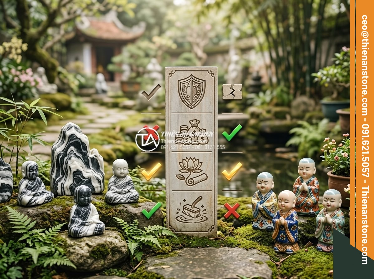 Review 5 bộ tiểu cảnh chú tiểu bán chạy nhất trên thị trường hiện nay - Infographic style visual comparing pros and cons of stone vs ceramic little monk