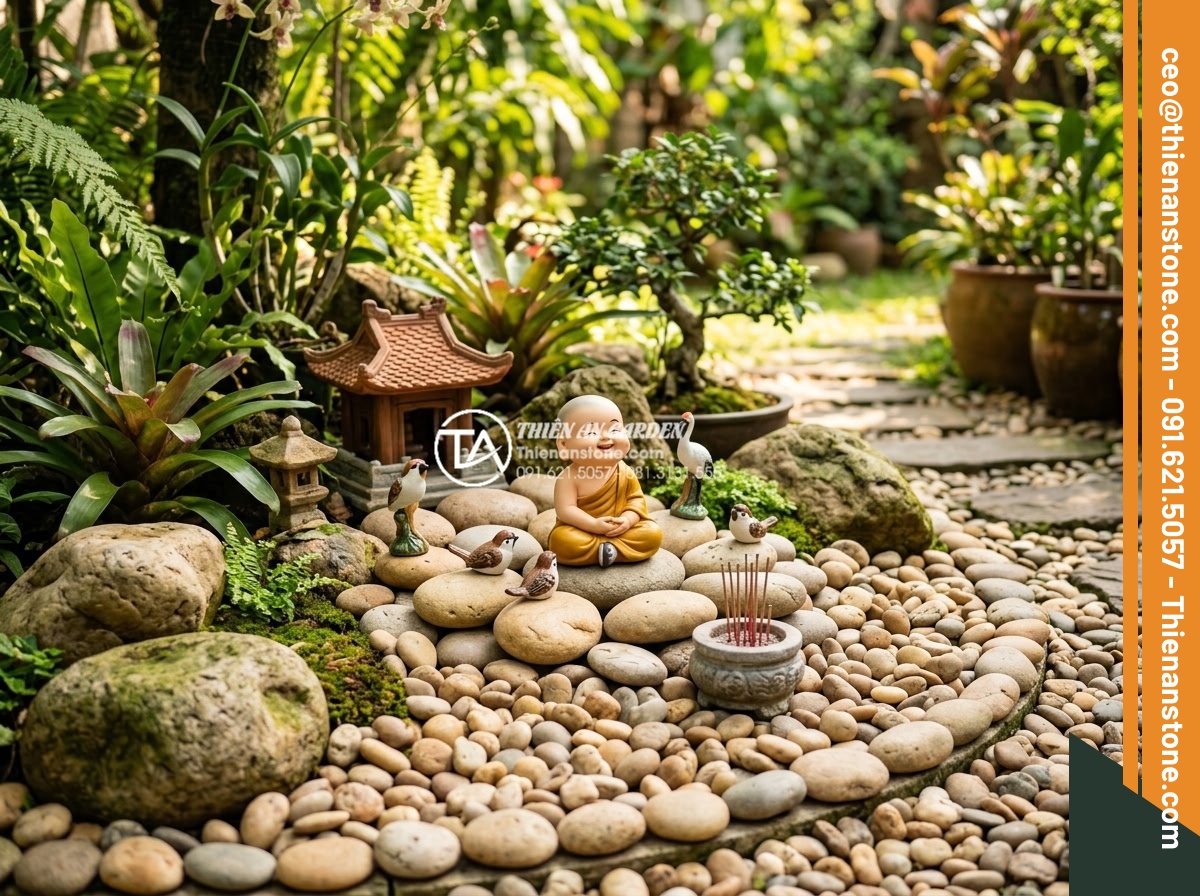 Review 5 bộ tiểu cảnh chú tiểu bán chạy nhất trên thị trường hiện nay - Complete outdoor installation of the playful monk and birds miniature set in a f