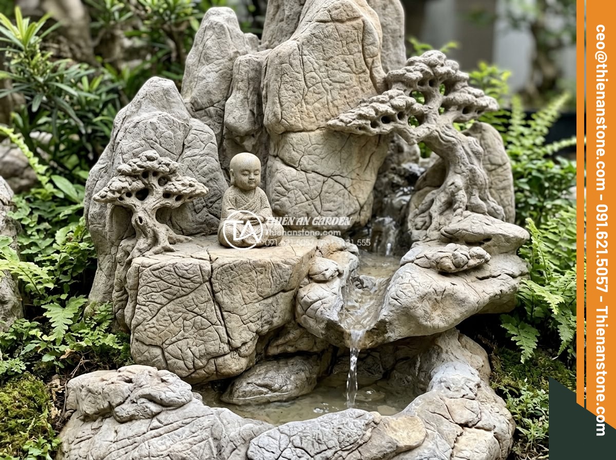 Review 5 bộ tiểu cảnh chú tiểu bán chạy nhất trên thị trường hiện nay - Compact sandstone little monk meditation scene with miniature mountain rockery, 