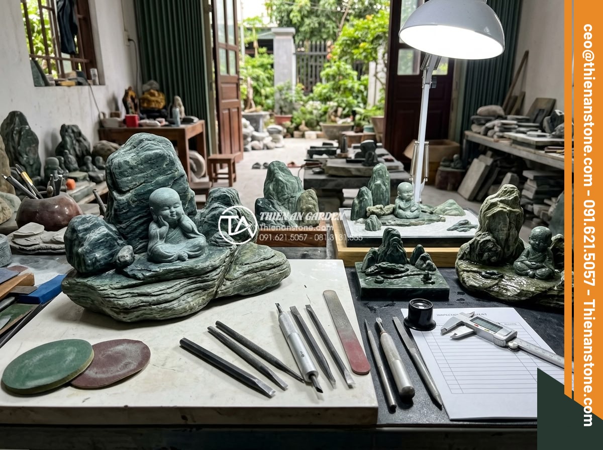 Review 5 bộ tiểu cảnh chú tiểu bán chạy nhất trên thị trường hiện nay - Professional team at Da Canh Thien An workshop crafting premium little monk ston