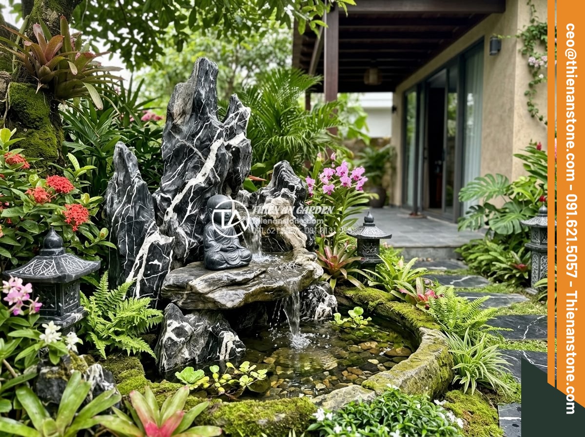 Review 5 bộ tiểu cảnh chú tiểu bán chạy nhất trên thị trường hiện nay - Serene garden corner featuring natural stone little monk scenery with calming wa