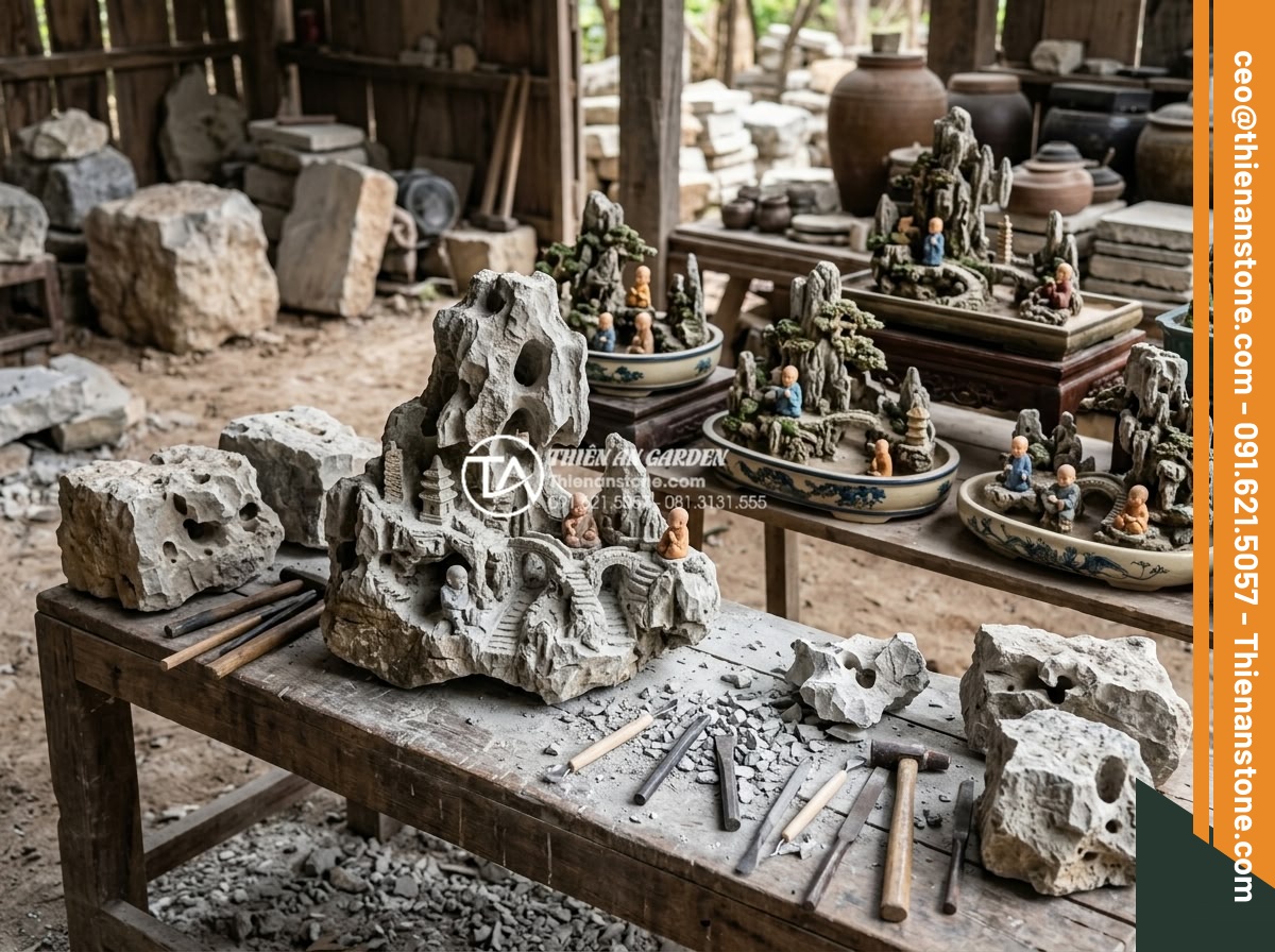 Review 5 bộ tiểu cảnh chú tiểu bán chạy nhất trên thị trường hiện nay - Artisan workshop scene showing raw natural stone blocks being carved into detail