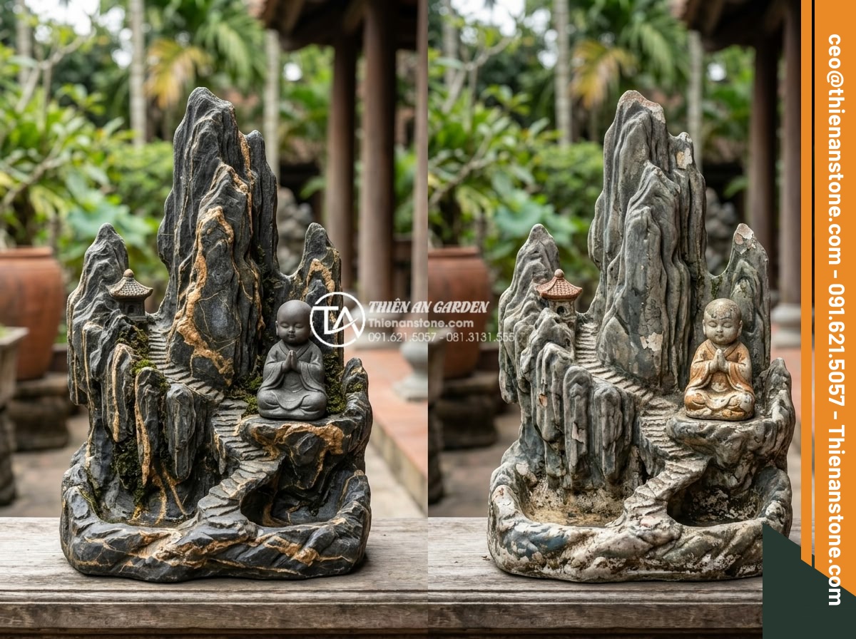 Review 5 bộ tiểu cảnh chú tiểu bán chạy nhất trên thị trường hiện nay - Direct side-by-side comparison photo of identical little monk scene designs: one