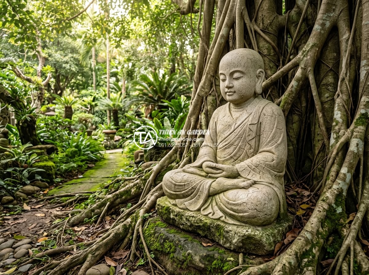 Review top 5 tượng đá trang trí tiểu cảnh gốc cây được ưa chuộng nhất - Photorealistic wide angle view of a serene Vietnamese garden featuring a hand-ca