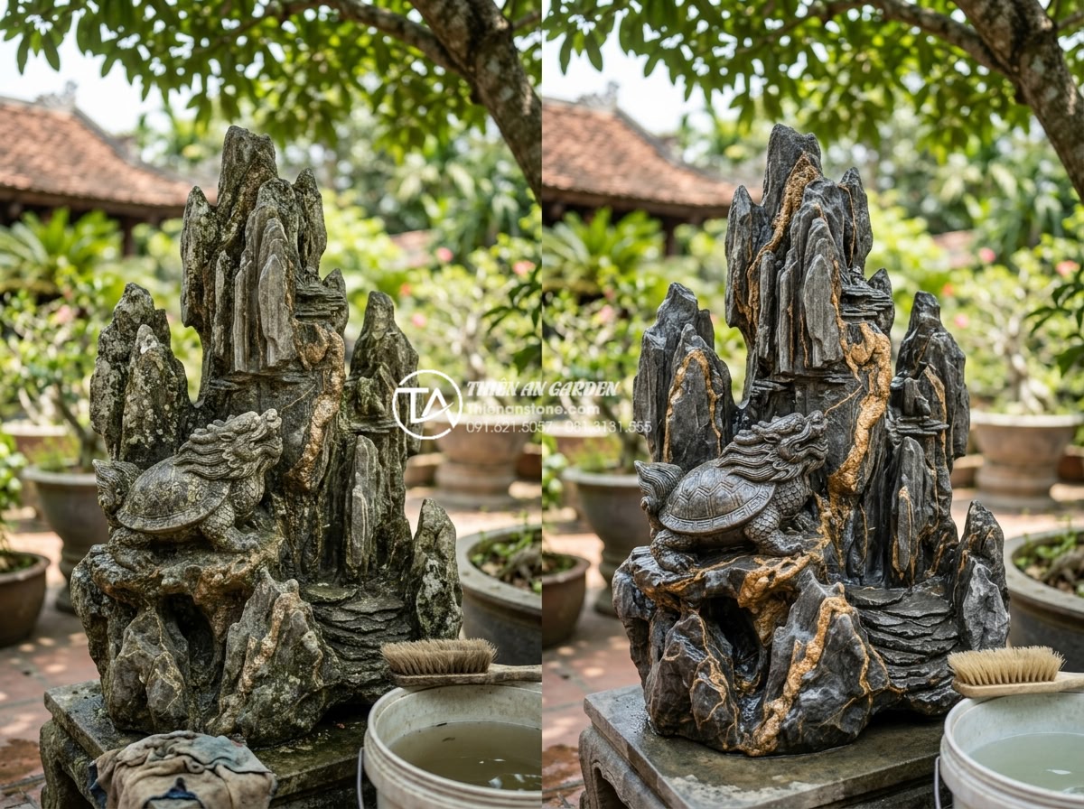 Review top 5 tượng đá trang trí tiểu cảnh gốc cây được ưa chuộng nhất - Photorealistic maintenance guide image showing a technician gently cleaning a na
