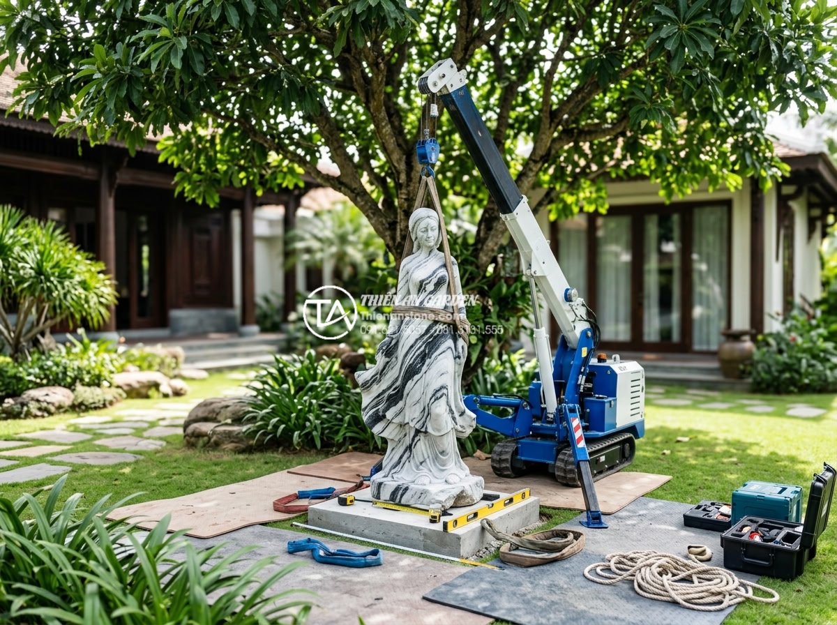 Review top 5 tượng đá trang trí tiểu cảnh gốc cây được ưa chuộng nhất - Professional team photorealistic image of Đá Cảnh Thiên An staff installing a be