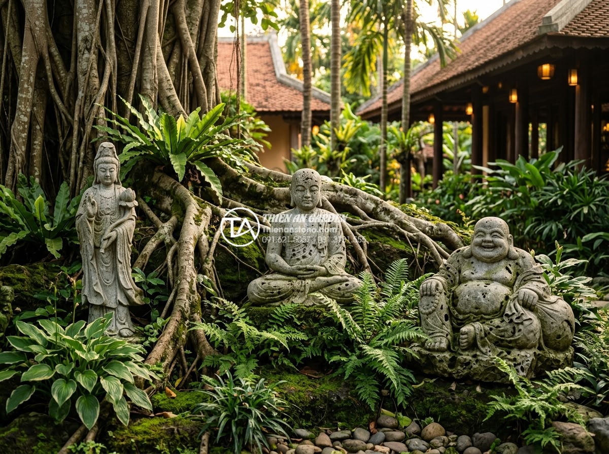 Review top 5 tượng đá trang trí tiểu cảnh gốc cây được ưa chuộng nhất - High resolution photorealistic image of multiple natural stone statues including