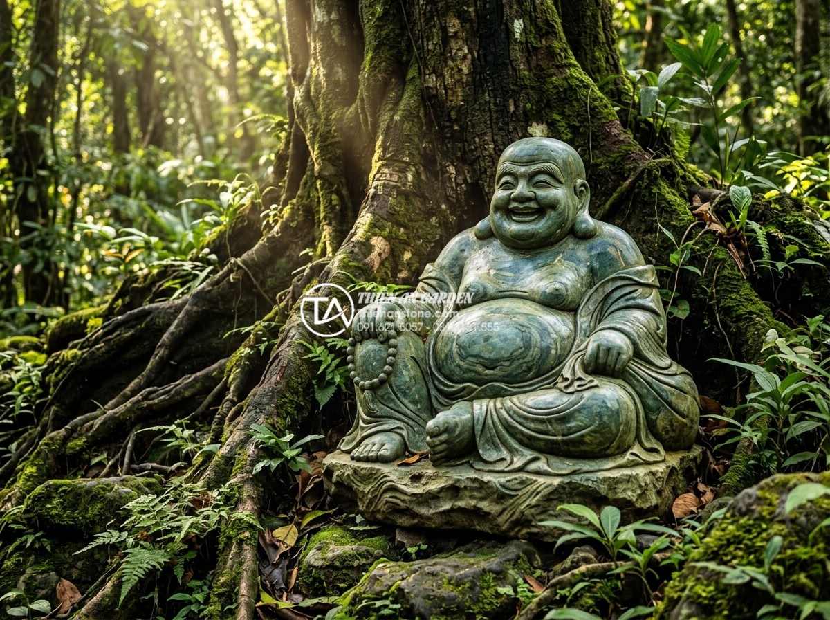 Review top 5 tượng đá trang trí tiểu cảnh gốc cây được ưa chuộng nhất - Photorealistic detailed view of a large hand-carved stone laughing Buddha statue