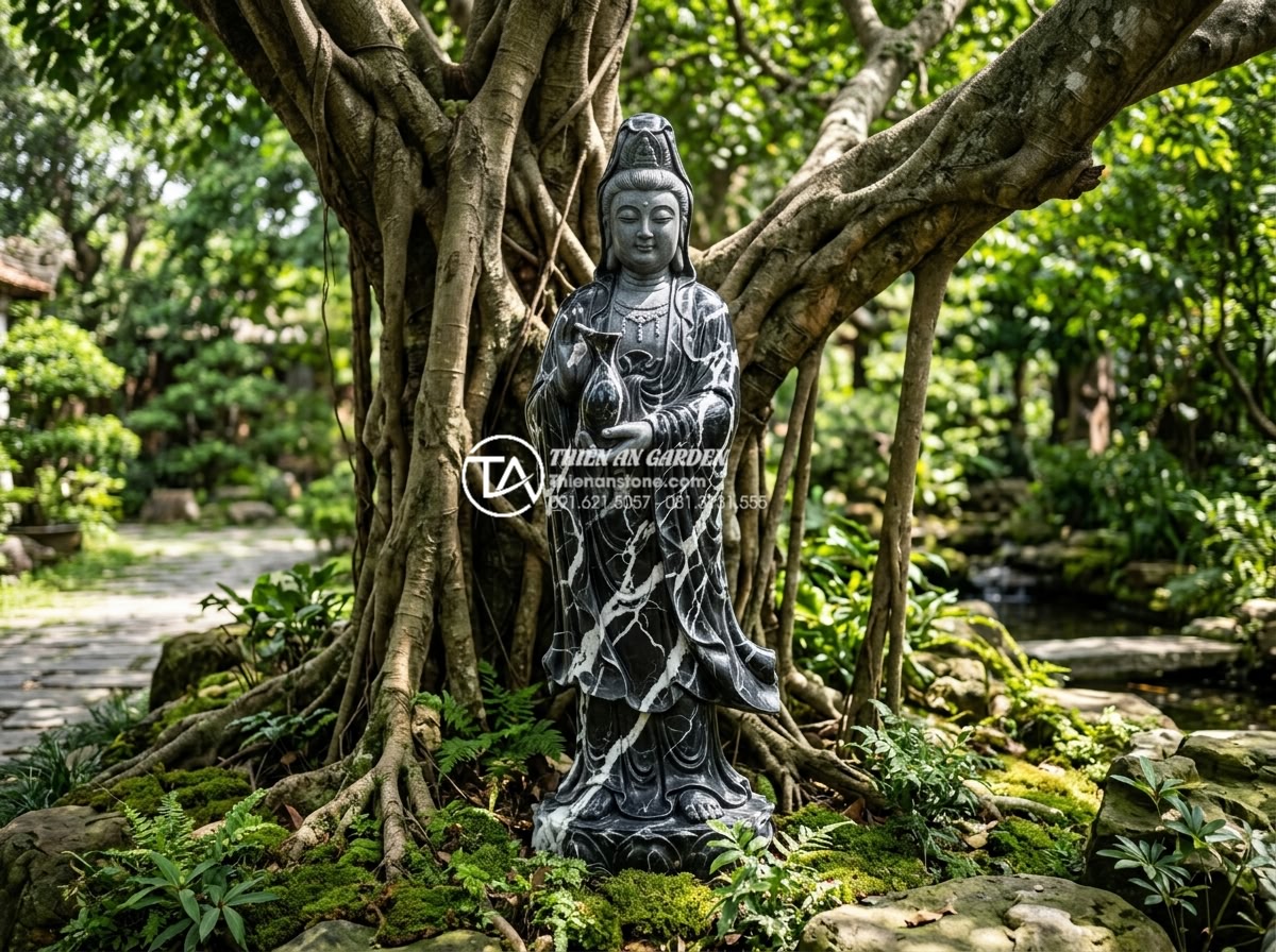 Review top 5 tượng đá trang trí tiểu cảnh gốc cây được ưa chuộng nhất - Photorealistic serene image of a beautiful hand-carved natural stone Guanyin Bod