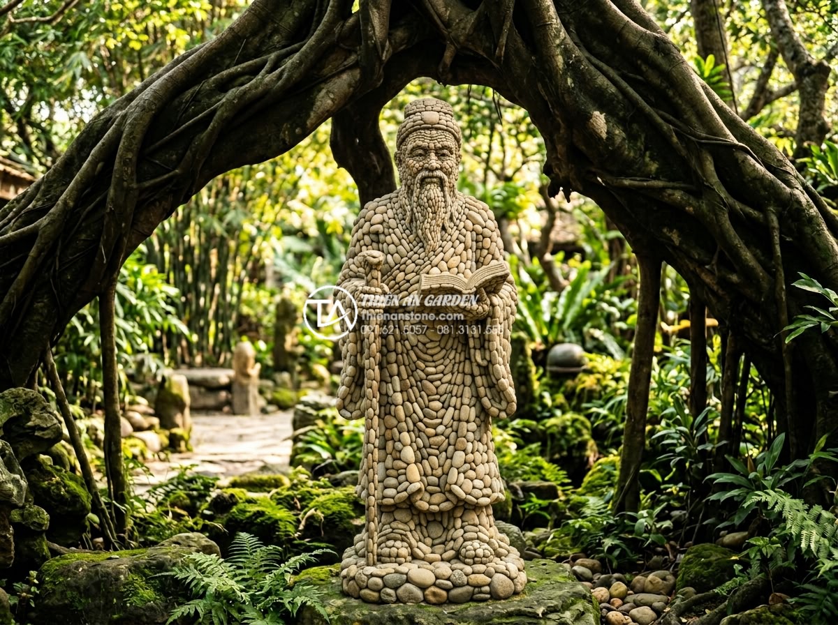Review top 5 tượng đá trang trí tiểu cảnh gốc cây được ưa chuộng nhất - Photorealistic image of a wise elderly man stone statue carved from natural gran