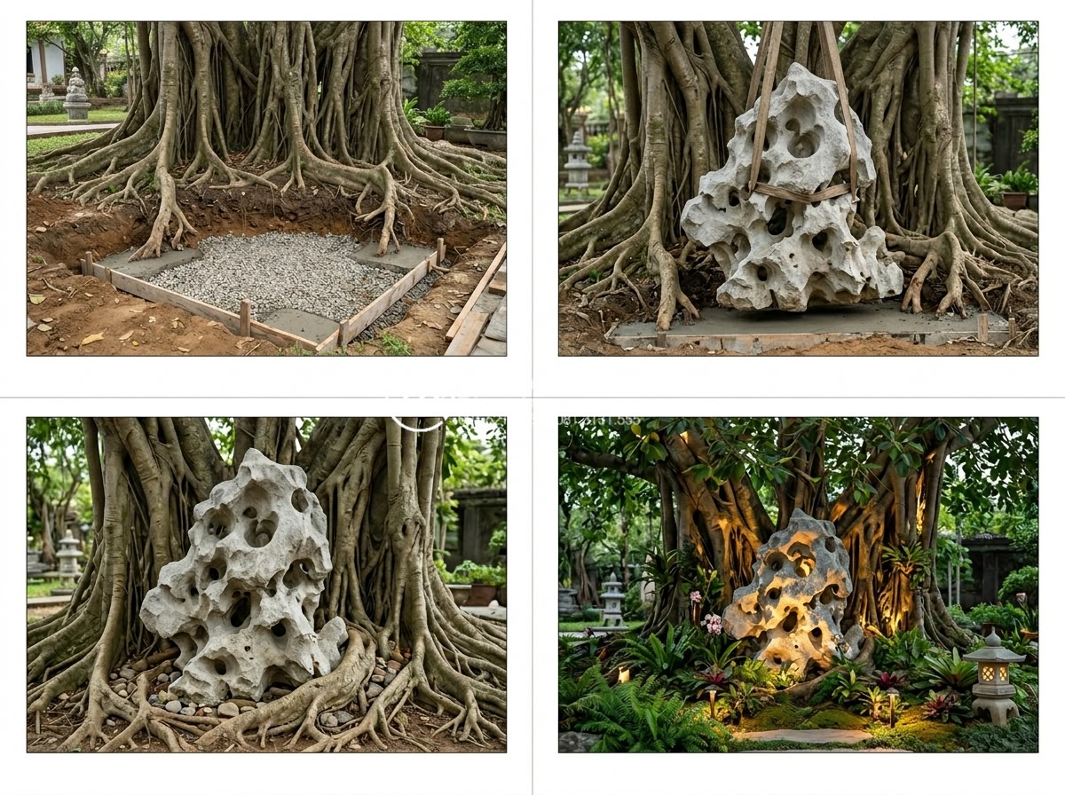 Review top 5 tượng đá trang trí tiểu cảnh gốc cây được ưa chuộng nhất - Step-by-step photorealistic guide image showing proper placement and installatio