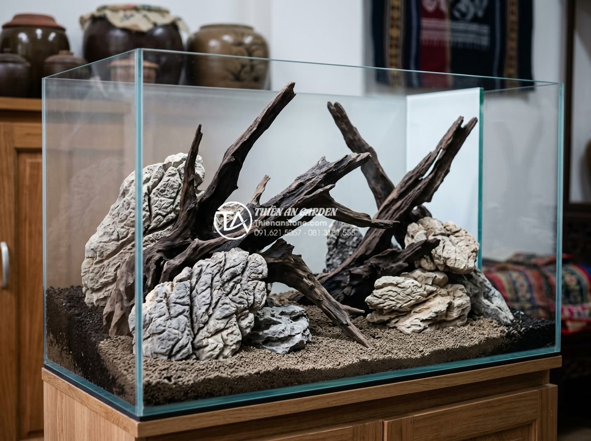 So sánh tiểu cảnh gỗ lũa khô và tiểu cảnh gỗ lũa bể cá (Aquascaping) - Detailed aquascaping setup process showing placement of driftwood in empty tank 