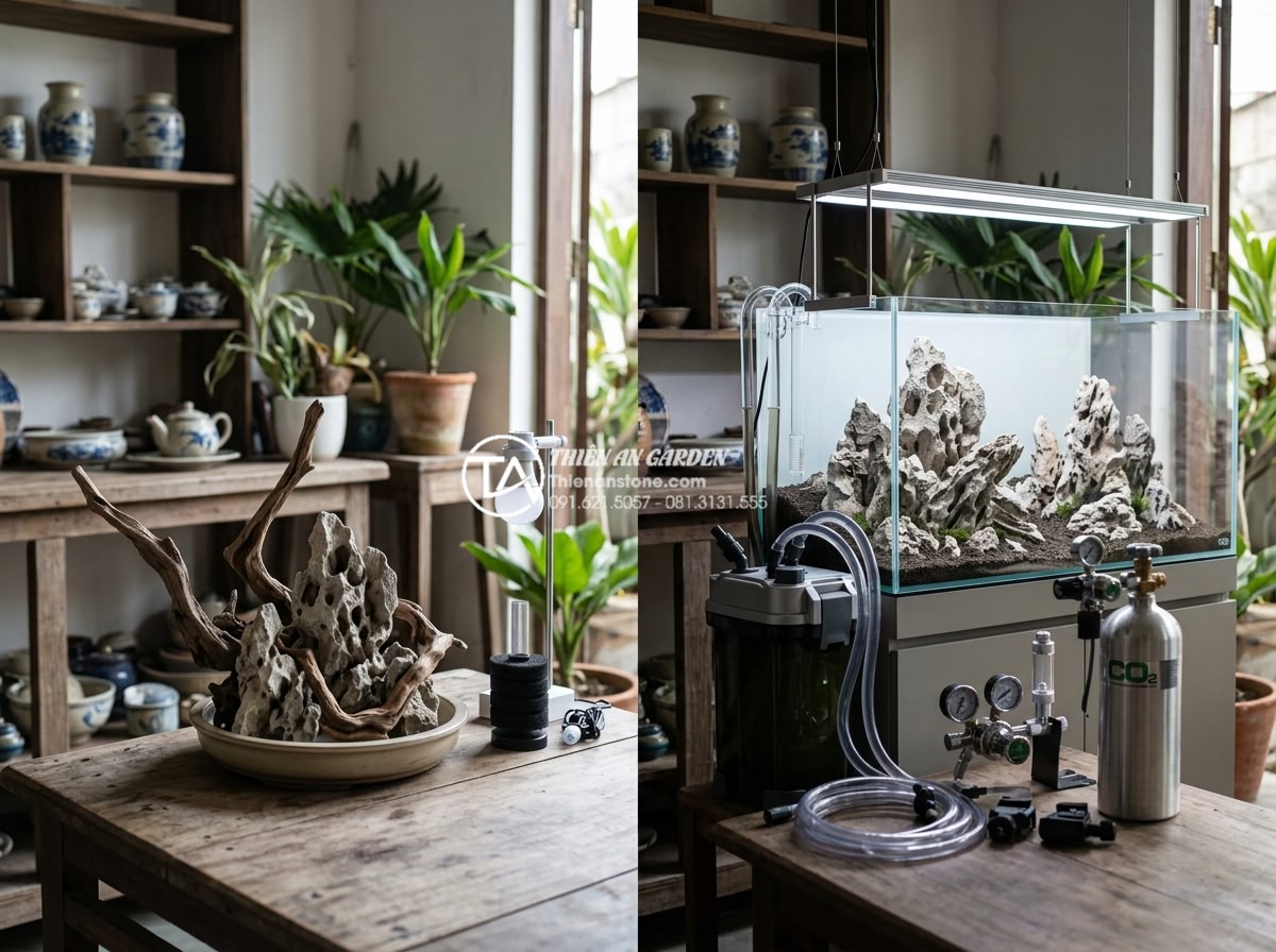 So sánh tiểu cảnh gỗ lũa khô và tiểu cảnh gỗ lũa bể cá (Aquascaping) - Cost comparison chart visualized with dry driftwood setup budget items versus fu