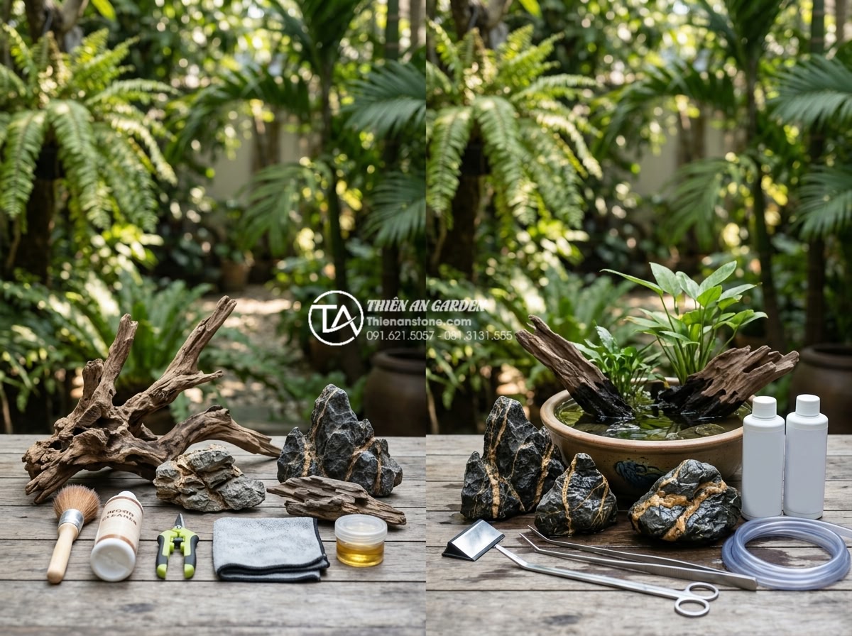 So sánh tiểu cảnh gỗ lũa khô và tiểu cảnh gỗ lũa bể cá (Aquascaping) - Long-term maintenance tools and products for both dry and wet driftwood scenes d