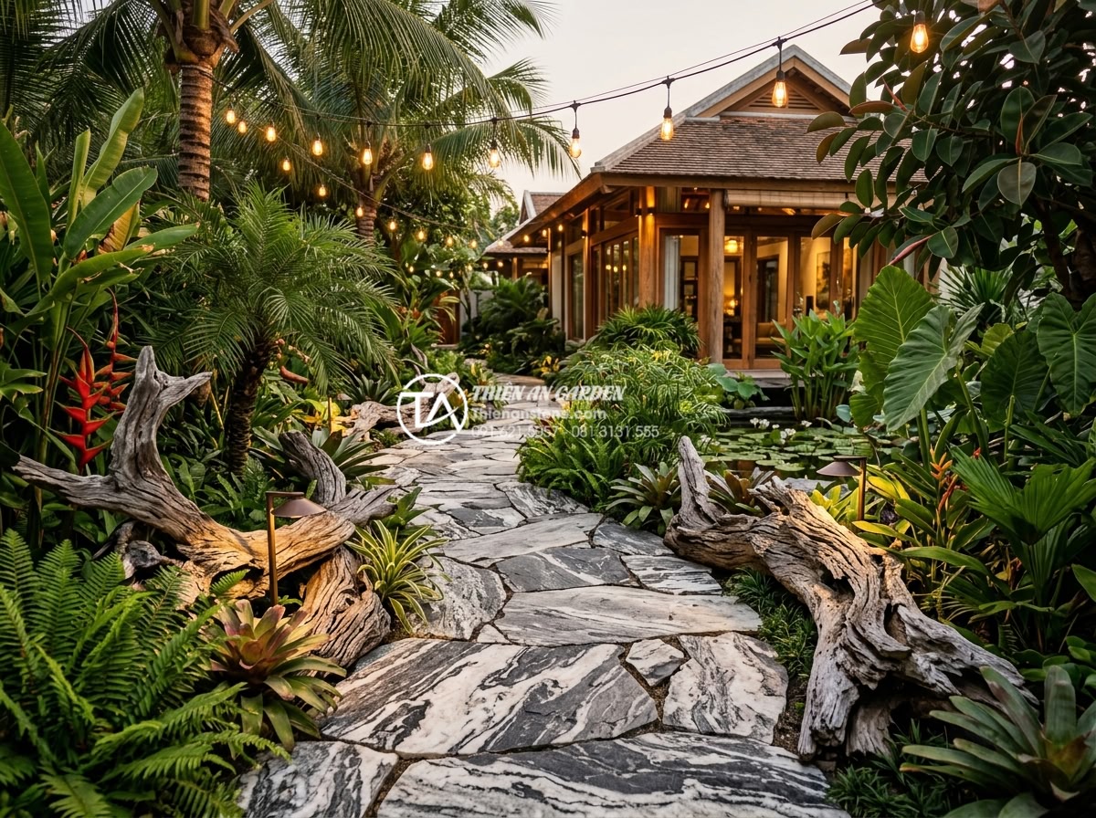 So sánh tiểu cảnh gỗ lũa khô và tiểu cảnh gỗ lũa bể cá (Aquascaping) - Real-life application of dry driftwood in a luxury villa backyard garden integra
