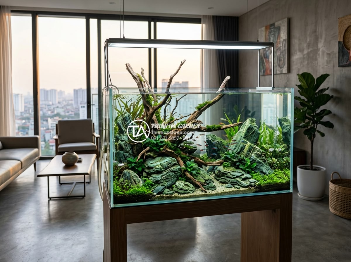So sánh tiểu cảnh gỗ lũa khô và tiểu cảnh gỗ lũa bể cá (Aquascaping) - Modern aquascaping installation inside a high-rise apartment living room with cu