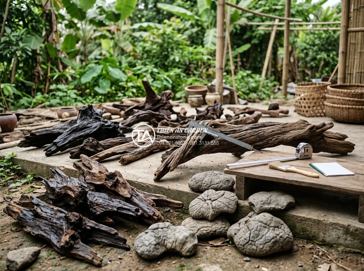 So sánh tiểu cảnh gỗ lũa khô và tiểu cảnh gỗ lũa bể cá (Aquascaping) - Expert inspecting high-quality driftwood pieces for both dry and wet use with me