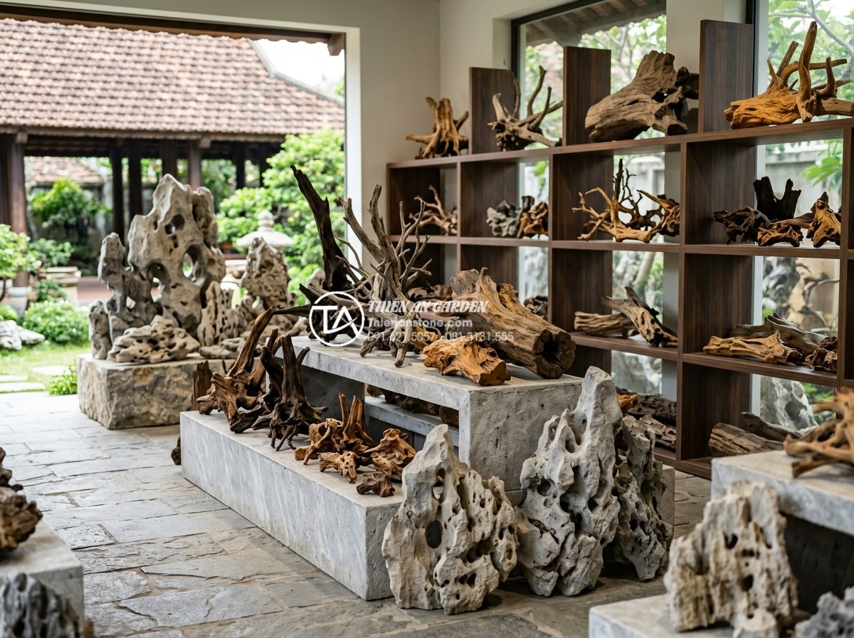 So sánh tiểu cảnh gỗ lũa khô và tiểu cảnh gỗ lũa bể cá (Aquascaping) - Variety of premium driftwood types displayed for selection in a professional sto