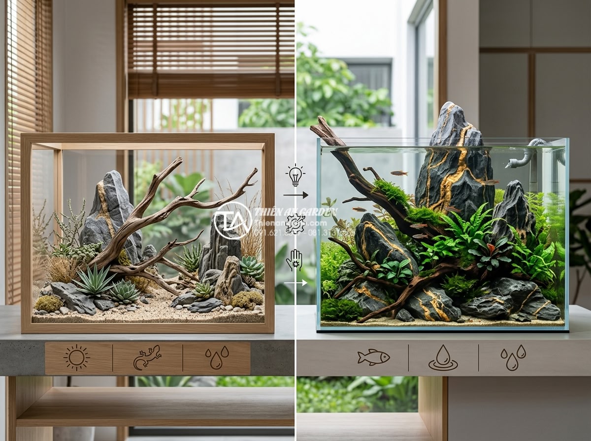 So sánh tiểu cảnh gỗ lũa khô và tiểu cảnh gỗ lũa bể cá (Aquascaping) - Decision guide infographic comparing scenarios for choosing dry vs wet driftwood