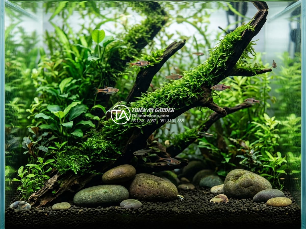 So sánh tiểu cảnh gỗ lũa khô và tiểu cảnh gỗ lũa bể cá (Aquascaping) - Underwater aquascape close-up showing submerged driftwood covered with aquatic m
